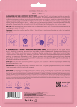 Tył różowego opakowania regenerującej maski w płachcie, z tekstami i ilustracjami instrukcji użycia.