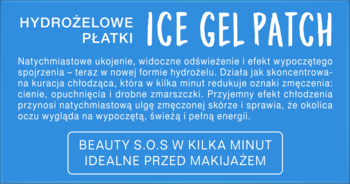 Reklama ICE GEL PATCH, hydrożelowych płatków chłodzących pod oczy, na niebieskim tle z białym tekstem.