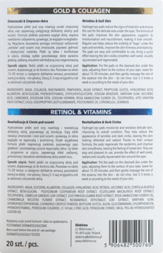 Tył opakowania hydrożelowych płatków pod oczy ze złotem, kolagenem, retinolem i witaminami, z opisem i składem.