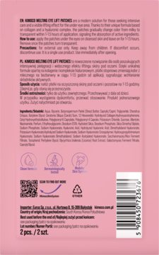 Tył różowego opakowania Kimoco Melting Eye Lift Patches, liftingujących, z tekstem PL/EN, składnikami i kodem QR.