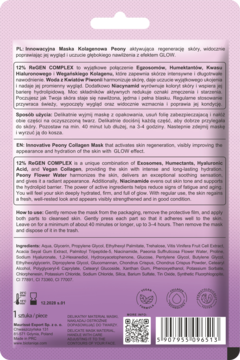 Tył różowo-fioletowej maseczki kolagenowej Peony, z polskim i angielskim opisem składu oraz instrukcją użycia.