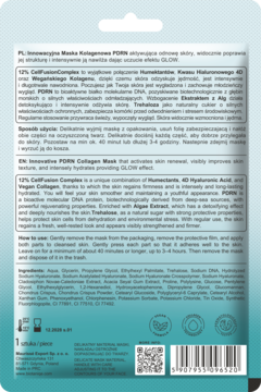 Tył opakowania innowacyjnej maseczki kolagenowej PDRN; biało-niebieska saszetka z opisem i kodem QR.