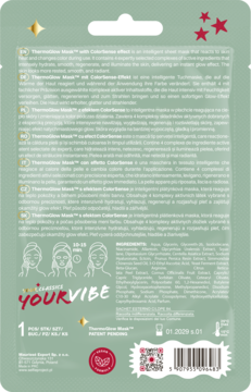 Tył zielonej maski w płachcie Thermosense ColorSense, zmieniającej kolor, z opisami, składem i instrukcjami.