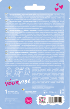 Tył opakowania maski w płachcie ThermoCalm ColorSense, z opisem składników, na niebieskim tle.