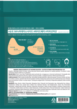 Tył turkusowego opakowania plastrów SUNGARD UV-SUN PATCH z instrukcją, składem i opisem ochrony przed słońcem.