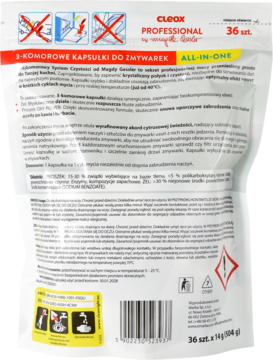 Tył białej torebki Cleox PROFESSIONAL by Magda Gessler, 3-komorowe kapsułki do zmywarek, 36 sztuk, z opisem.