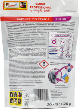 Tył fioletowo-białego opakowania Cleox Professional Kapsułki do prania Kolor, z polskim opisem i instrukcją użycia.