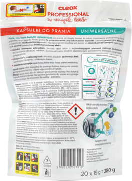 Tył zielono-białego opakowania pięciokomorowych kapsułek Cleox Professional Uniwersalne do prania, z instrukcją użycia.