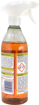 Pomarańczowy płyn do czyszczenia w butelce ze spryskiwaczem, tył z etykietą, kodem i symbolem zagrożenia.