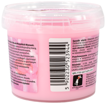 Różowy krem do ciała w przezroczystym, okrągłym słoiku, widok z tyłu z widoczną etykietą i kodem kreskowym.