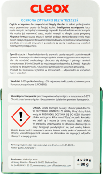 Tył opakowania Cleox, ochrona zmywarki bez wyrzeczeń w kapsułkach, biało-zielone pudełko z ostrzeżeniami i wagą 4x20g.