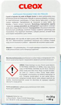 Tył biało-niebieskiego opakowania kapsułek pielęgnacyjnych CLEOX do pralek, z polskim tekstem i ostrzeżeniami.