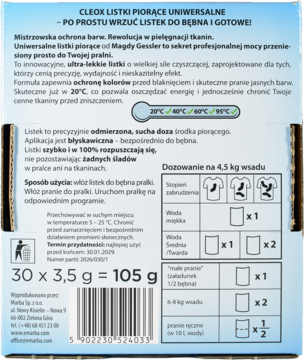 Tył opakowania Cleox Listki Piorące Uniwersalne. Pudełko 105g z instrukcją dozowania i kodem kreskowym.