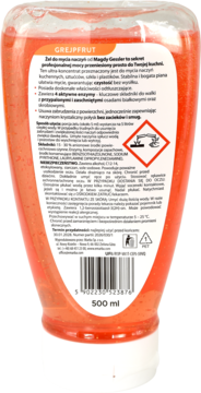 Tył butelki pomarańczowego żelu do naczyń Magly Gessler grejpfrut, z czytelną etykietą produktu.