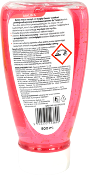 Różowy, brokatowy żel do mycia naczyń o zapachu maliny, 500 ml, widok z tyłu z etykietą i kodem.