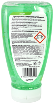 Tył zielonego, przezroczystego żelu do mycia naczyń Mięta, etykieta z polskim opisem, składem i ostrzeżeniami.