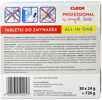 Tył białego opakowania Cleox Professional ALL-IN-ONE tabletek do zmywarek z polskim tekstem i kodem kreskowym.