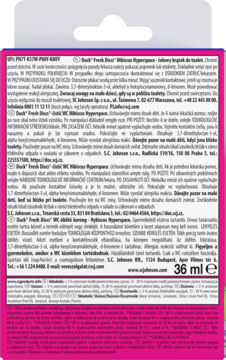 Tył opakowania Duck Fresh Discs 36ml, toaleta, z etykietą produktu, instrukcjami w wielu językach, różowe tło.