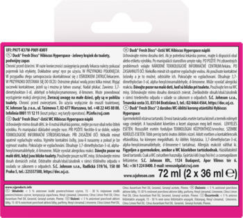 Tył różowego opakowania odświeżacza powietrza SC Johnson 72 ml, z wielojęzycznymi informacjami o produkcie.