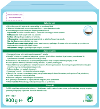 Tył opakowania niebiesko-zielonego proszku do zmywarki z formułą ALL in 1, listą składników i instrukcją.
