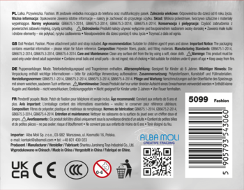 Tył opakowania zabawki Fashion 5099 Alba Mou: białe tło, wielojęzyczny tekst ostrzegawczy, kod kreskowy, symbol 0-3.