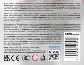 Tył beżowego opakowania "Pendant Cookie Cinderace" z informacjami o produkcie, ostrzeżeniami i kodem kreskowym 5123.