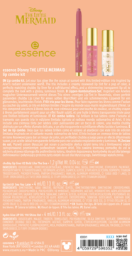 Tył opakowania essence Disney THE LITTLE MERMAID lip combo kit, białe tło z opisem, składnikami i kodem kreskowym.