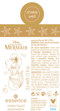 Black label for essence Little Mermaid shake liquid eyeshadow, with a gold mermaid illustration and product details.