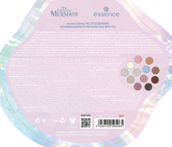 Tył opakowania palety essence Disney The Little Mermaid z informacjami o produkcie i 12 odcieniami cieni.