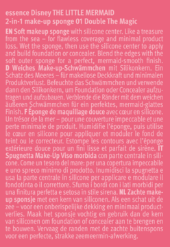 Opis gąbki do makijażu essence Disney THE LITTLE MERMAID z silikonowym środkiem, tekst na różowym tle.