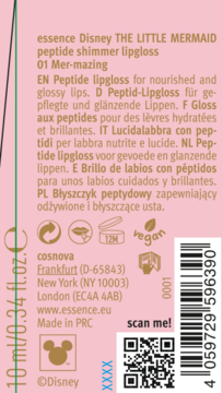 Różowy tył opakowania błyszczyka essence Disney THE LITTLE MERMAID 01 Mer-mazing, peptydowy, z tekstem i kodem QR.