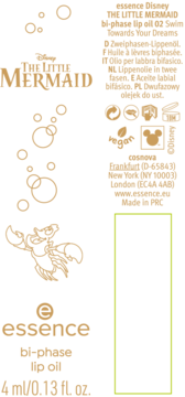 Label for essence Disney The Little Mermaid bi-phase lip oil, 4ml. Black with gold text, Sebastian, and bubbles.