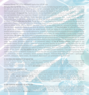 Tył opakowania THE LITTLE MERMAID Hydra Kiss Lip Oil Trio z tekstem na tle błękitno-fioletowej wody.