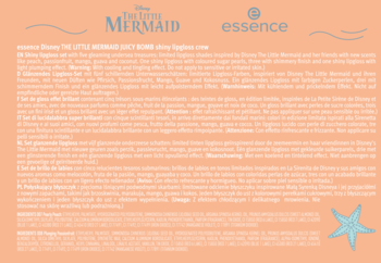 essence Disney The Little Mermaid: tło reklamowe z logo, tekstem o błyszczykach i gwiazdą morską.