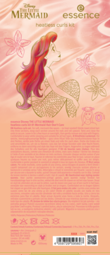Tył opakowania essence Disney The Little Mermaid heatless curls kit, brzoskwiniowe z rysunkiem Ariel i instrukcją.