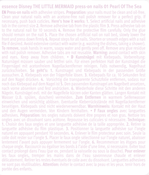 essence Disney THE LITTLE MERMAID press-on nails 01 Pearl Of The Sea, zbliżenie instrukcji użycia w kilku językach.