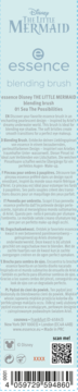 Tył jasnoniebieskiego opakowania pędzla essence Disney The Little Mermaid, z opisem produktu i kodem kreskowym.
