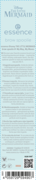 Vertical card for Essence Disney THE LITTLE MERMAID brow spoolie, light blue, with product info in multiple languages.
