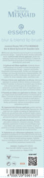 Tył opakowania pędzelka do ust essence Disney The Little Mermaid Blur & Blend, jasnoniebieskie z tekstem, kodem QR, kodem kreskowym.