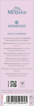 Tył różowego opakowania Essence Disney The Little Mermaid brow tweezer z opisami, kodem QR i kreskowym.
