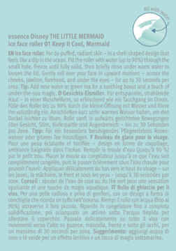 Grafika: jasno niebieski, muszlowy roller do twarzy essence Disney The Little Mermaid, napełniany wodą.