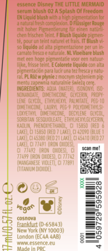 Tył opakowania essence Disney serum blush 02 A Splash Of Freedom z listą składników i kodem.