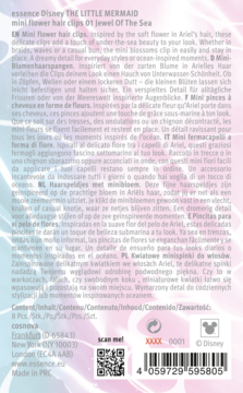 Tył fioletowego opakowania spinek essence Disney Mała Syrenka, z wielojęzycznym opisem produktu i kodem kreskowym.