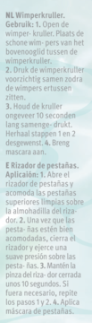 Close-up of gray text instructions for an eyelash curler in Dutch and Spanish on a light blue gradient background.