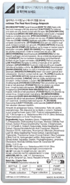 Tył białego opakowania celimax The Real Noni Energy Ampoule z opisem produktu i listą składników.