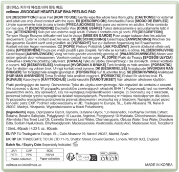 Tył jasnozielonego opakowania JIVODAE HEARTLEAF BHA PEELING PAD z instrukcjami, składnikami i symbolami recyklingu.