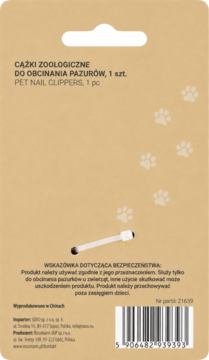 Tył brązowego opakowania cążek do pazurów dla zwierząt (Pet Nail Clippers), z kodem, instrukcją i grafiką łap.