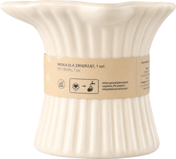 Kremowa ceramiczna miska dla zwierzaka Eloy, o ryflowanym kształcie, z brązową opaską produktu.