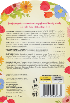 Tył opakowania maski w płachcie ISANA z gardenią i niacynamidem, z tekstem i kodem kreskowym.