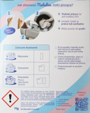 Tył opakowania Natulim listków piorących, z instrukcją użycia i tabelą zalecanego dawkowania, 70g. Biało-niebiesko-różowe.